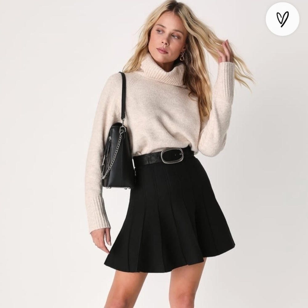 Lulus Til We Pleat Again Black Black Knit Mini Skater Skirt